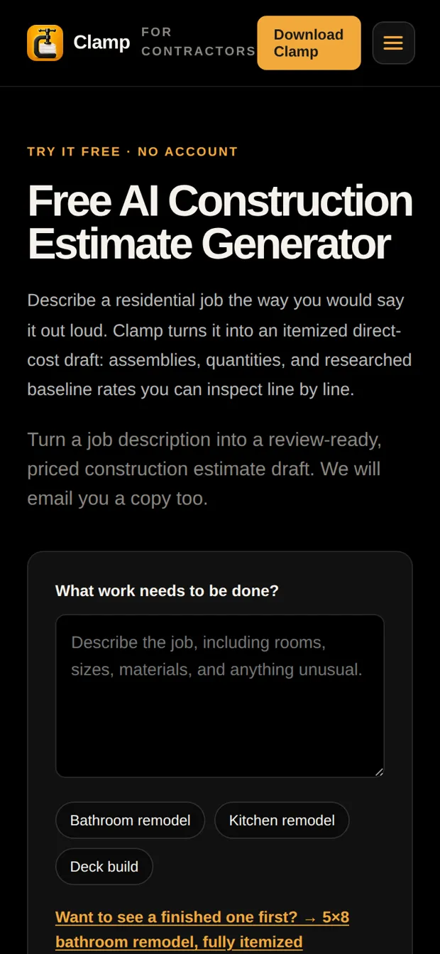 The free estimate page on a phone, with a box to describe the job