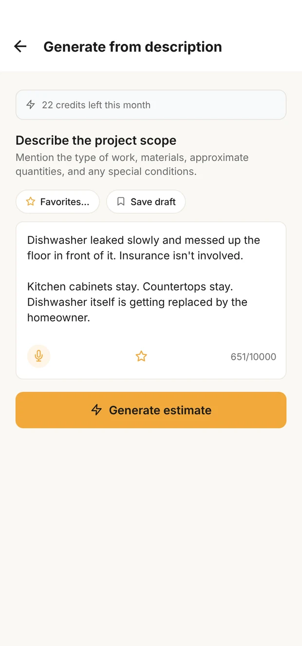 Clamp's Generate from description screen with a dishwasher leak described in plain words