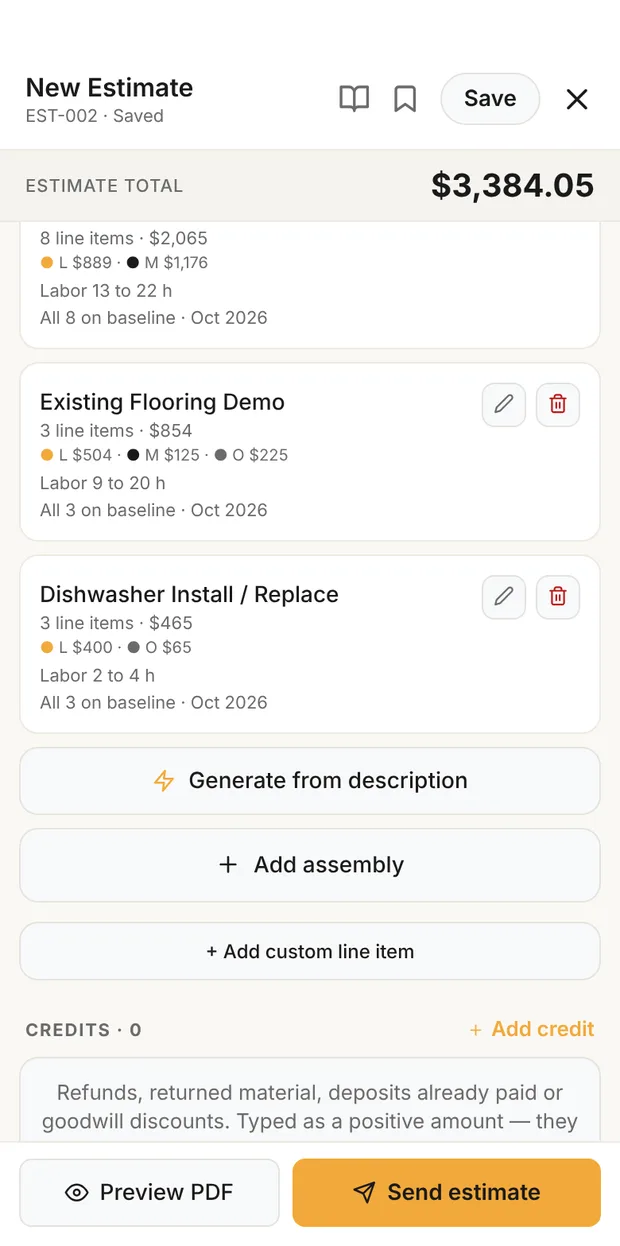Clamp's AI estimate draft with itemized lines at direct cost