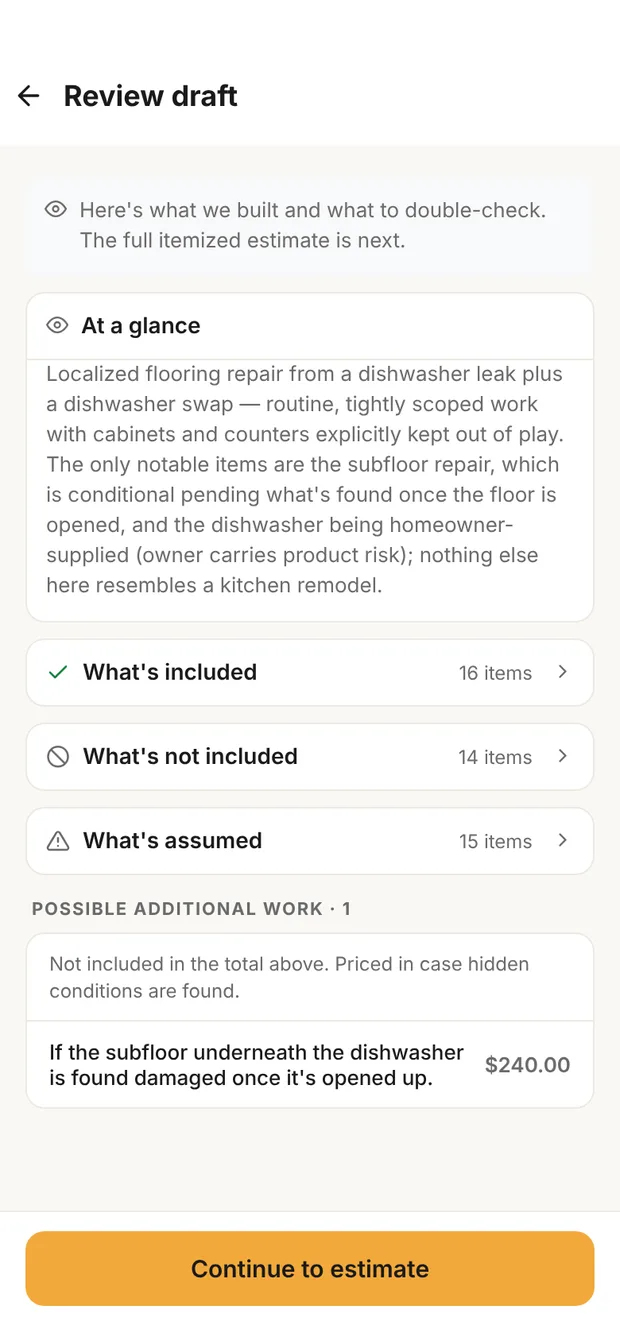 Clamp's review draft with what's included, not included and assumed, and a possible subfloor repair priced apart from the total