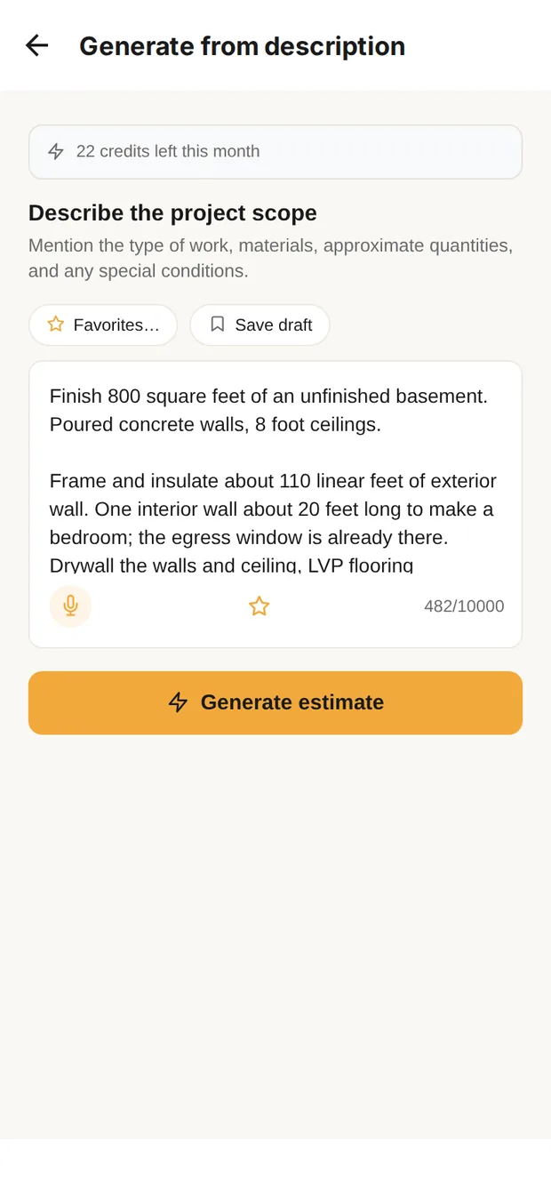 Clamp's Generate from description screen with the 800 sq ft basement finish described in plain words
