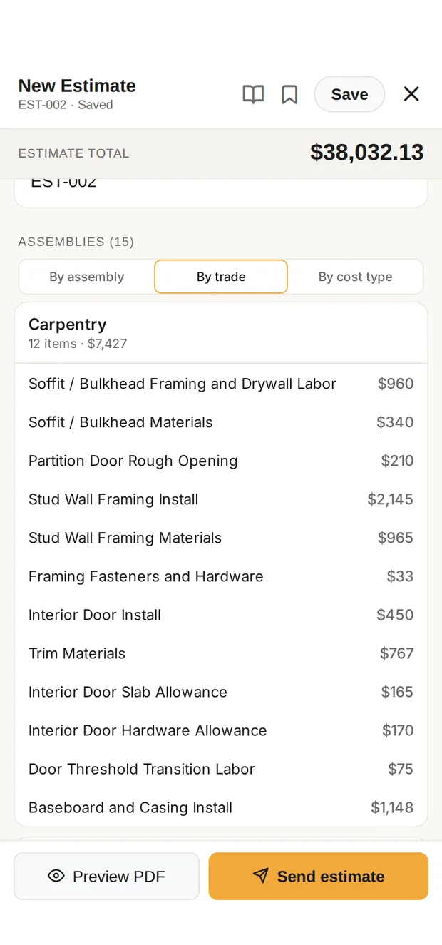 The estimate for the 800 sq ft basement finish in Clamp's builder: total $38,032.13, grouped into carpentry, drywall, electrical and the other trades