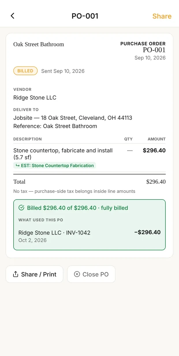 Clamp's PO-001 to Ridge Stone LLC for the Oak Street Bathroom: Stone countertop, fabricate and install (5.7 sf), $296.40, tied to the estimate's Stone Countertop Fabrication line; Billed $296.40 of $296.40, fully billed, by INV-1042 on Oct 2, 2026