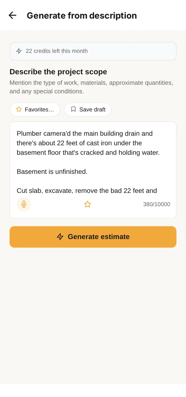 Clamp's Generate from description screen with the under-slab drain repair described in plain words