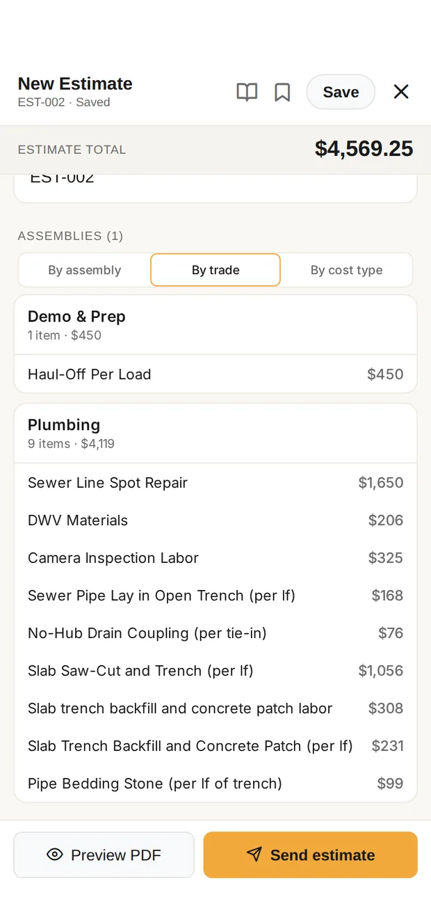 The estimate for the under-slab drain repair in Clamp's builder: total $4,569.25, grouped into demo and prep and plumbing