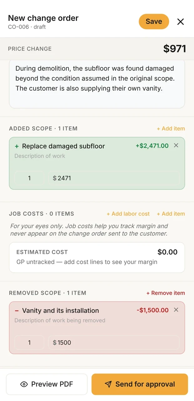 Clamp's change order form showing the reason, an added line for replacing damaged subfloor at $2,471 and a removed line for the vanity at minus $1,500