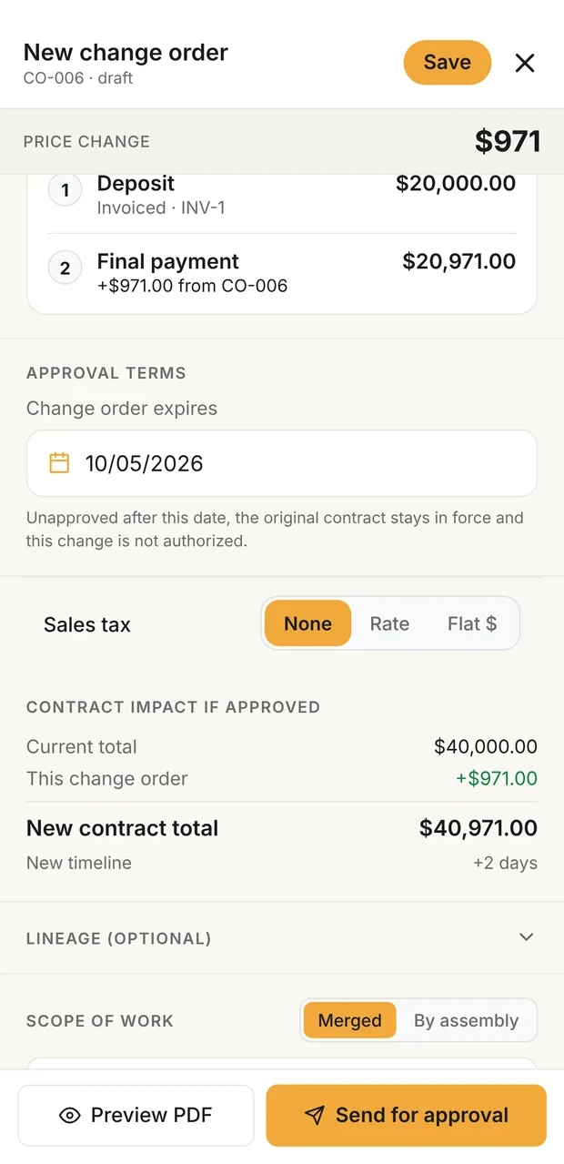 Clamp's change order form showing a three-day expiration, the line that the original contract stays in force if unapproved, and the contract impact: current total $40,000, this change order plus $971, new contract total $40,971, plus 2 days