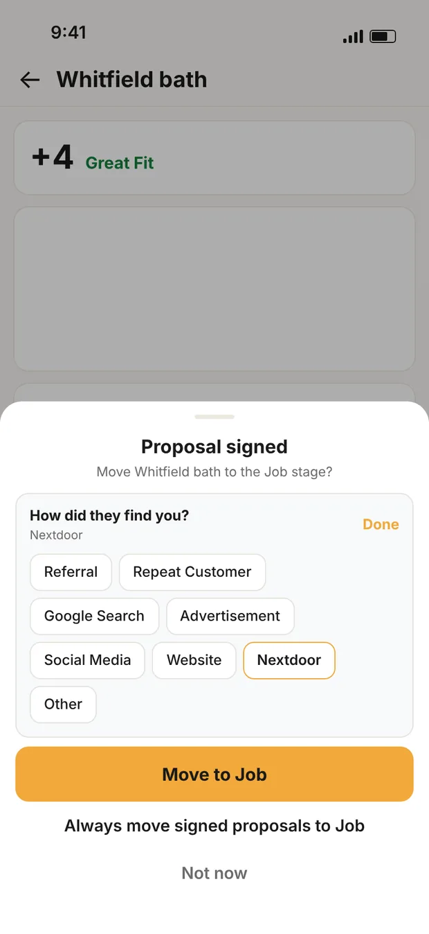 Clamp's Proposal signed sheet asking How did they find you? with lead source chips, Nextdoor selected, above a Move to Job button