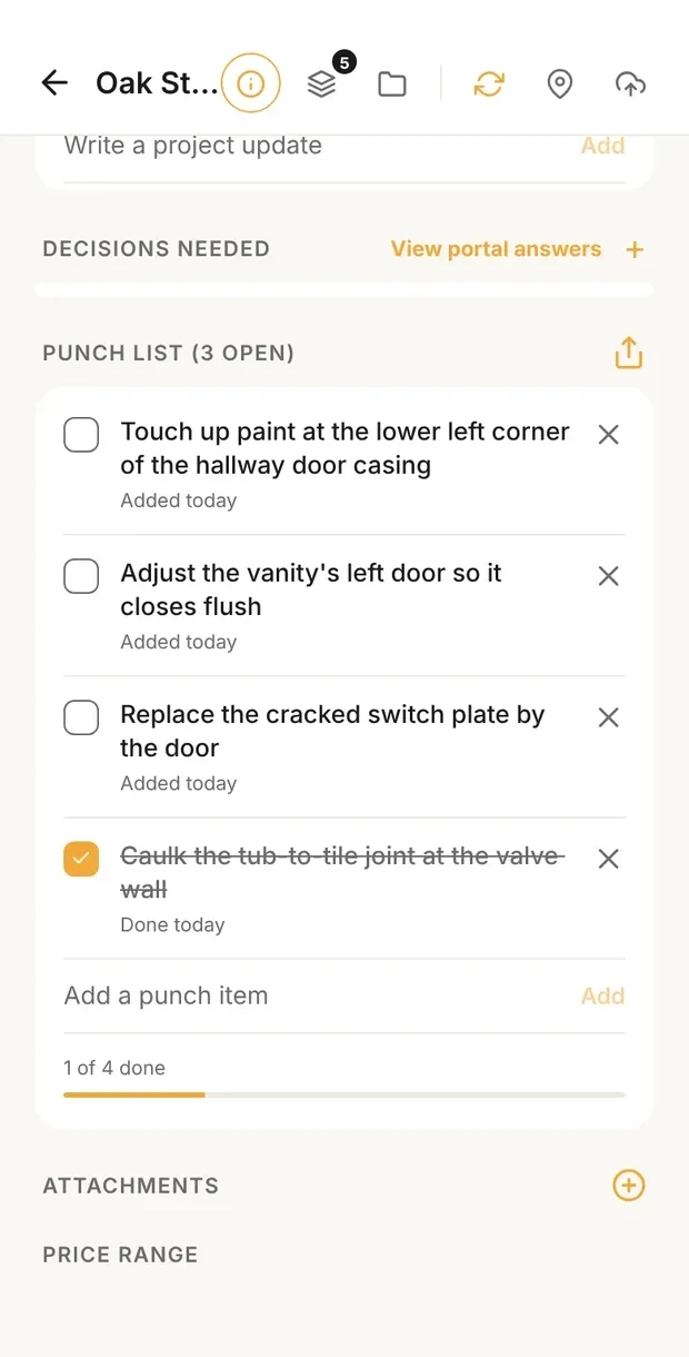 Clamp's punch list for the Oak Street Bathroom, 3 open: touch up paint at the lower left corner of the hallway door casing; adjust the vanity's left door so it closes flush; replace the cracked switch plate by the door; caulk the tub-to-tile joint at the valve wall, done today; 1 of 4 done
