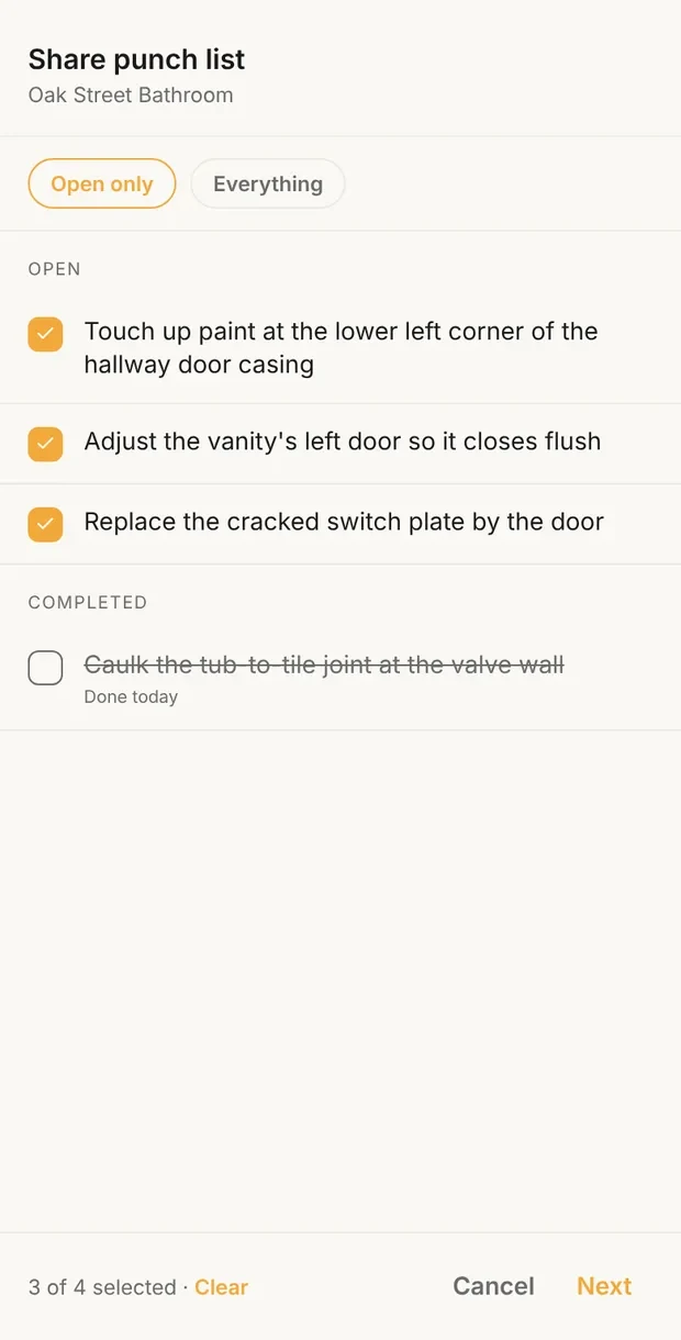 Clamp's Share punch list for the Oak Street Bathroom, Open only selected: the three open items checked, the completed caulking item listed under Completed, 3 of 4 selected, with Cancel and Next