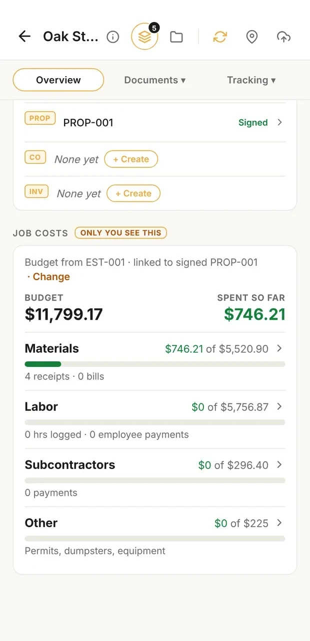 Job costs card showing budget, spent so far and projected profit