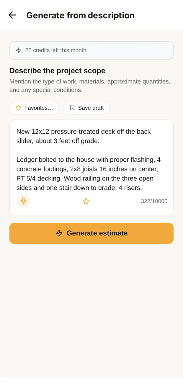 Clamp's Generate from description screen with the 12x12 deck described in plain words