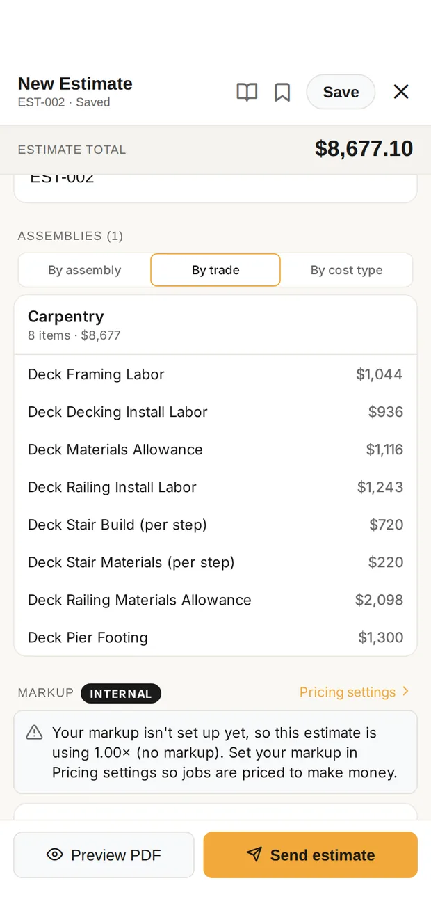 The estimate for the 12x12 deck in Clamp's builder: total $8,677.10, grouped into carpentry