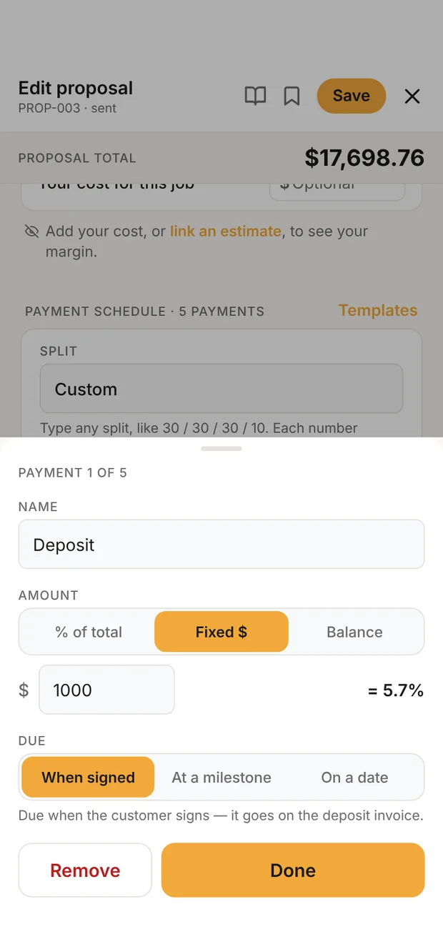 Clamp's payment edit sheet for payment 1 of 5, a deposit set to a fixed $1,000 (5.7% of a $17,698.76 proposal), due when signed