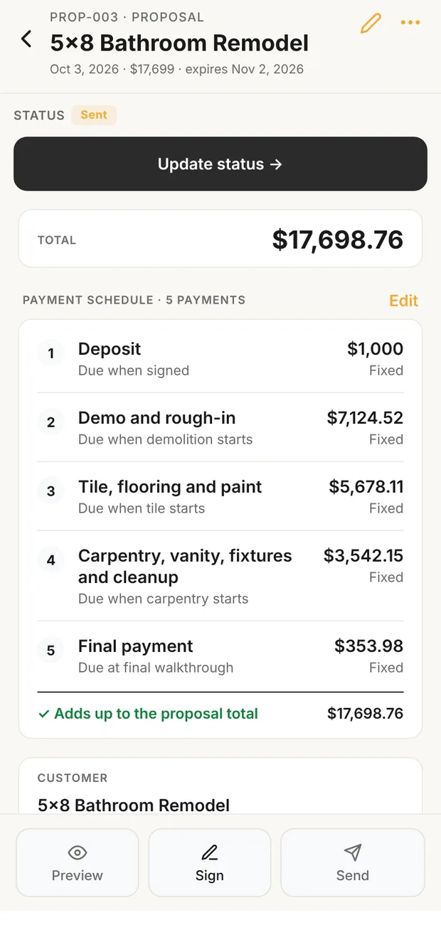 Clamp's proposal payment schedule for a $17,698.76 bathroom remodel: a $1,000 deposit due when signed, stage payments of $7,124.52, $5,678.11 and $3,542.15 due when demolition, tile and carpentry start, and a $353.98 final payment at walkthrough