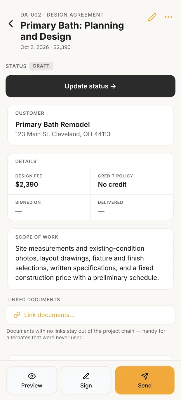 A saved design agreement in Clamp showing a $2,390 design fee, credit policy No credit, and the scope of work