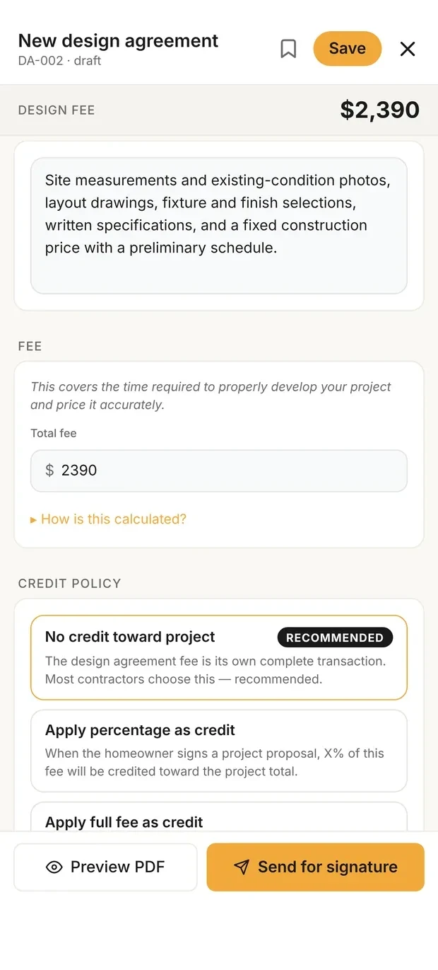 Clamp's new design agreement form showing the deliverable, a $2,390 design fee and the credit policy with No credit toward project selected