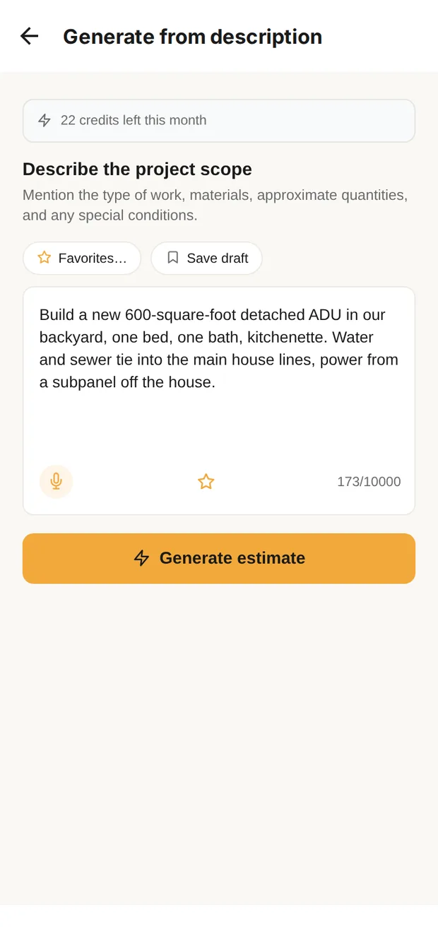 Clamp's Generate from description screen with the 600 sq ft ADU described in plain words