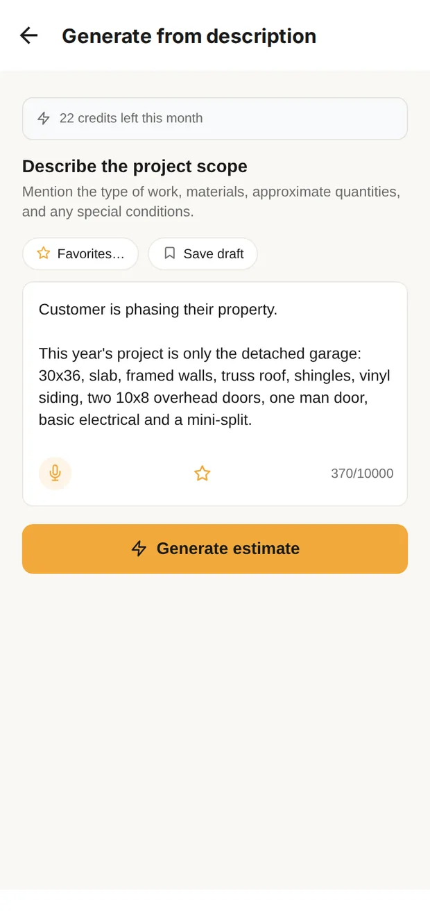 Clamp's Generate from description screen with the 30x36 garage described in plain words