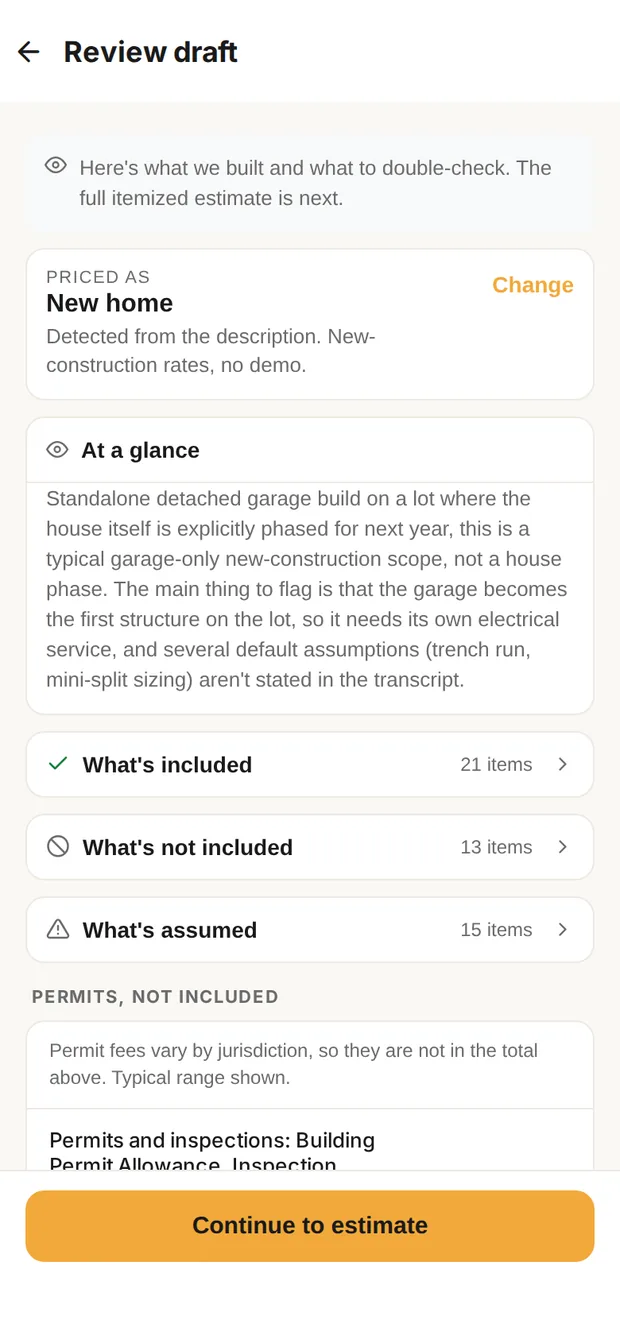 Clamp's review draft for the 30x36 garage: at a glance, what's included, what's not and what's assumed