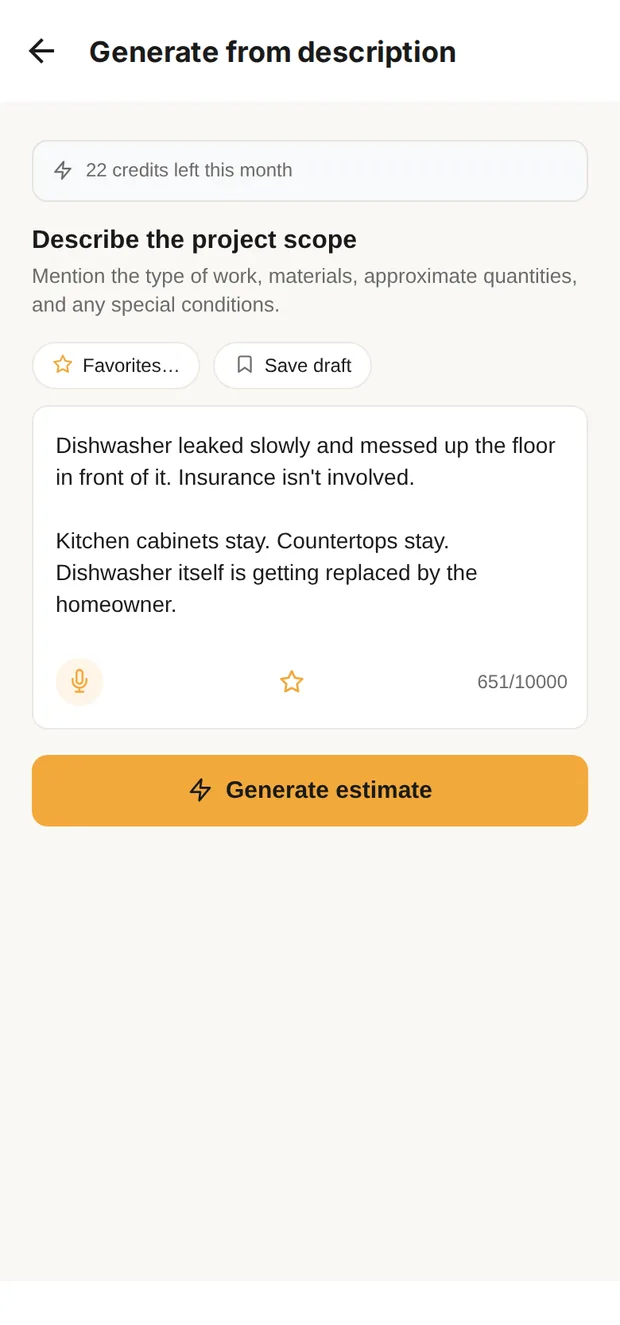 Clamp's Generate from description screen with the floor repair described in plain words