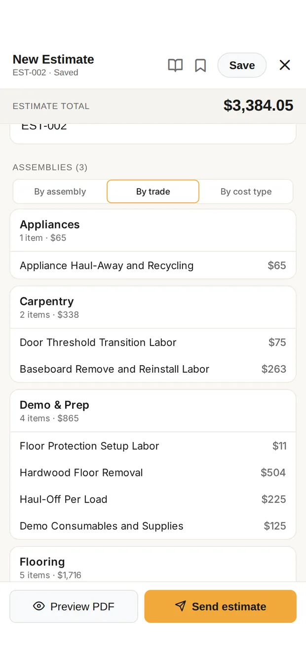 The estimate for the floor repair in Clamp's builder: total $3,384.05, grouped into appliances, carpentry, demo and prep, and flooring