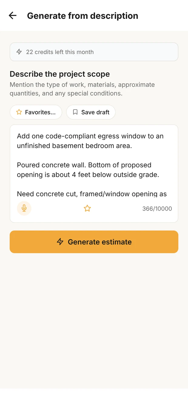 Clamp's Generate from description screen with the egress window described in plain words