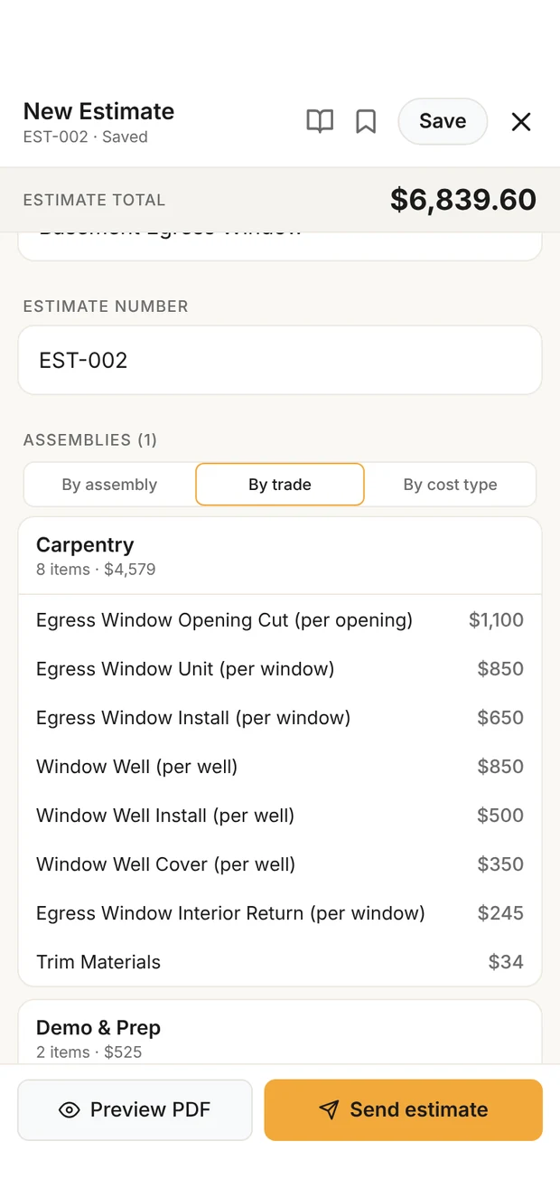 The egress window estimate in Clamp's builder: total $6,839.60, grouped by trade