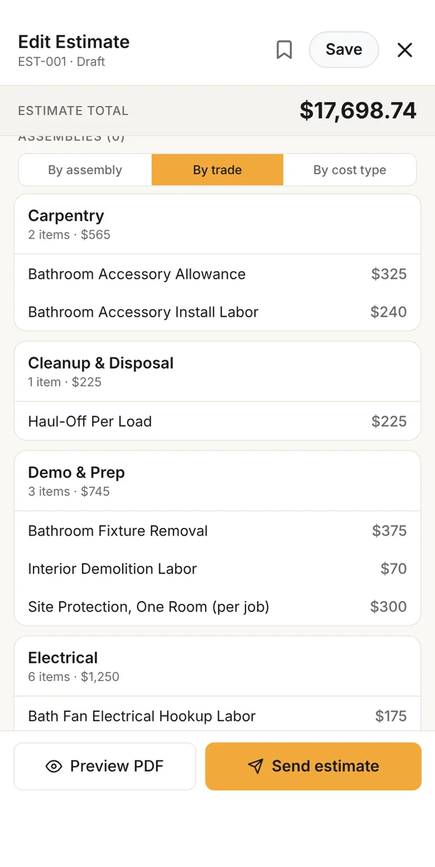 Clamp estimate lines grouped by trade: carpentry, cleanup and disposal, demo and prep, electrical