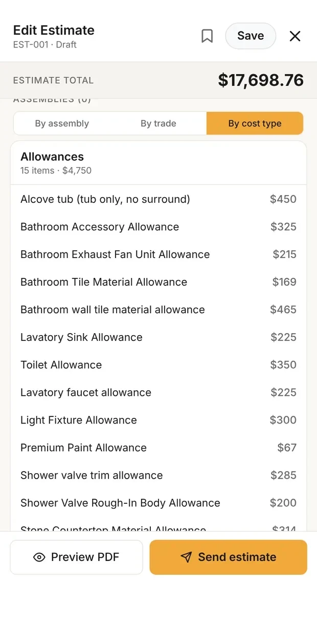 The same estimate in Clamp's builder, estimate total $17,698.76, grouped by cost type: Allowances, 15 items, $4,750, starting with the alcove tub at $450, then Dump fees and Labor