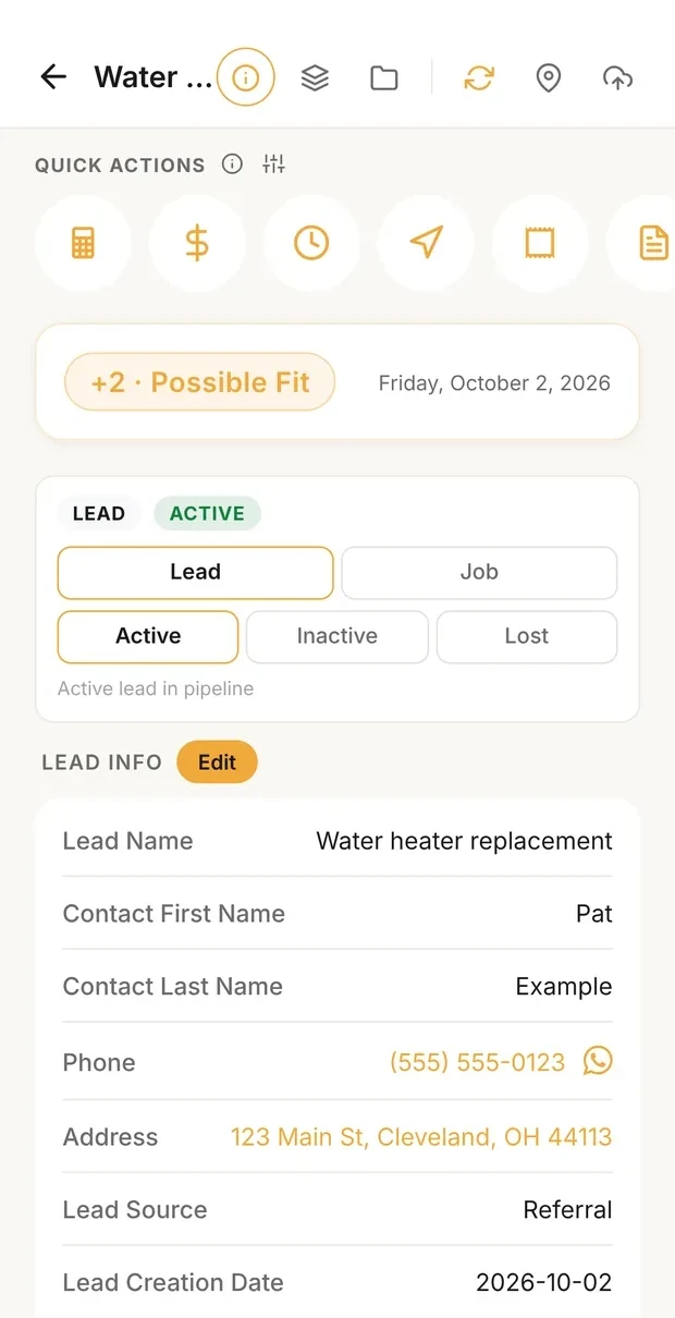 The saved lead showing +2, Possible Fit, with its contact, address and Referral as the lead source