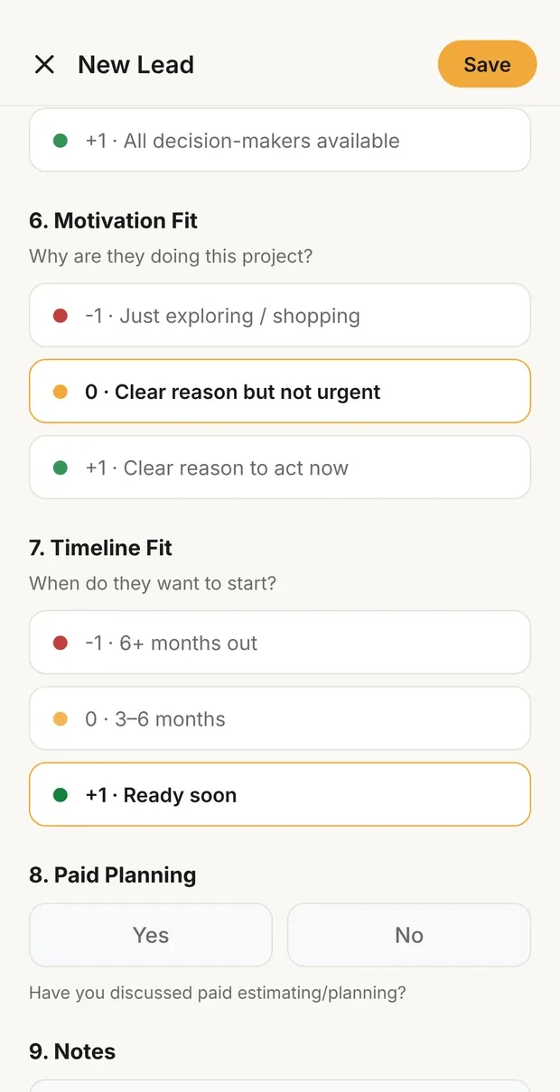 Clamp's New Lead form while scoring: Motivation Fit set to 0, clear reason but not urgent, and Timeline Fit set to +1, ready soon