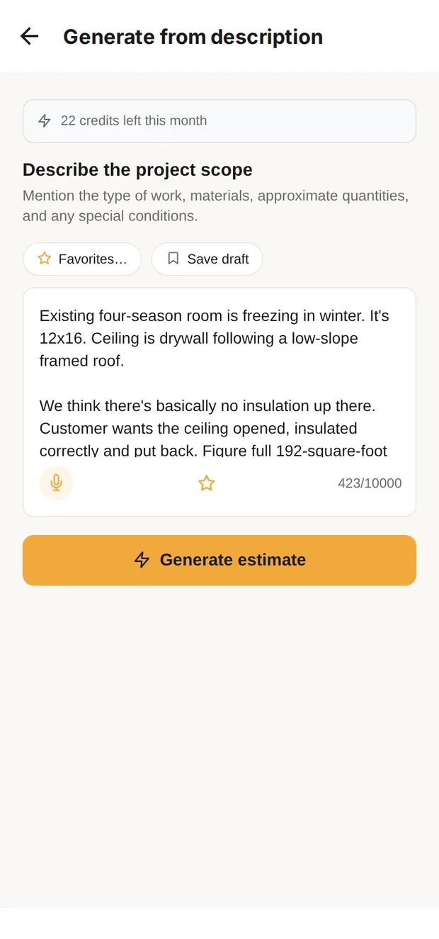 Clamp's Generate from description screen with the ceiling insulation job described in plain words