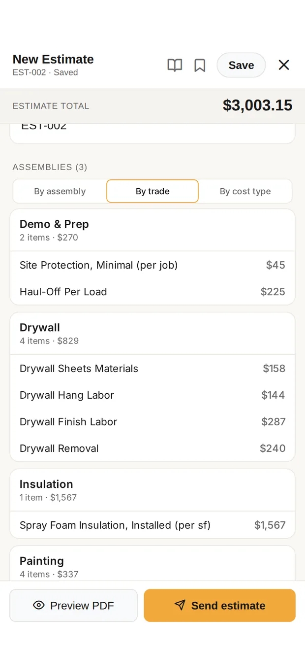 The estimate for the ceiling insulation job in Clamp's builder: total $3,003.15, grouped into demo and prep, drywall, insulation and painting
