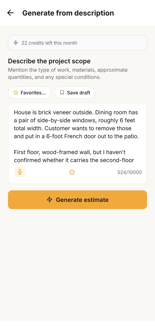 Clamp's Generate from description screen with the window to French door conversion described in plain words