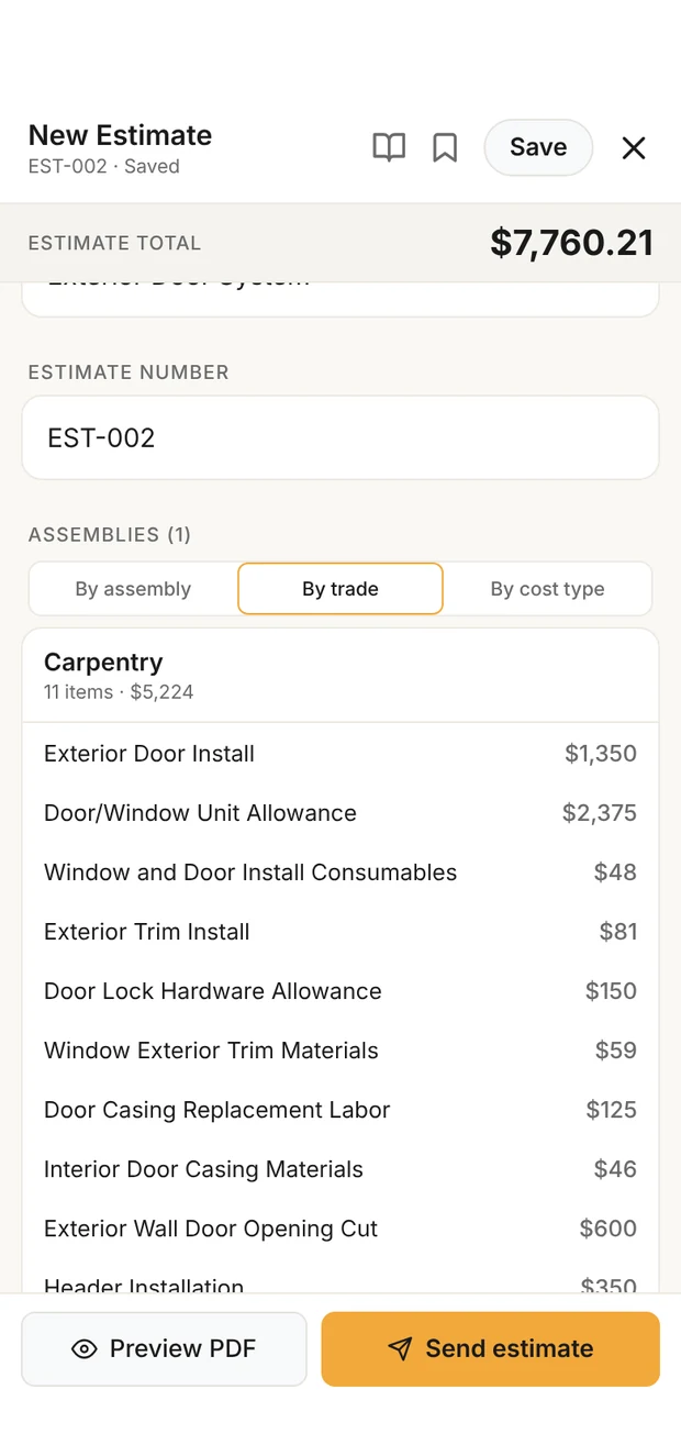 The conversion estimate in Clamp's builder: total $7,760.21, grouped by trade with the masonry lines visible
