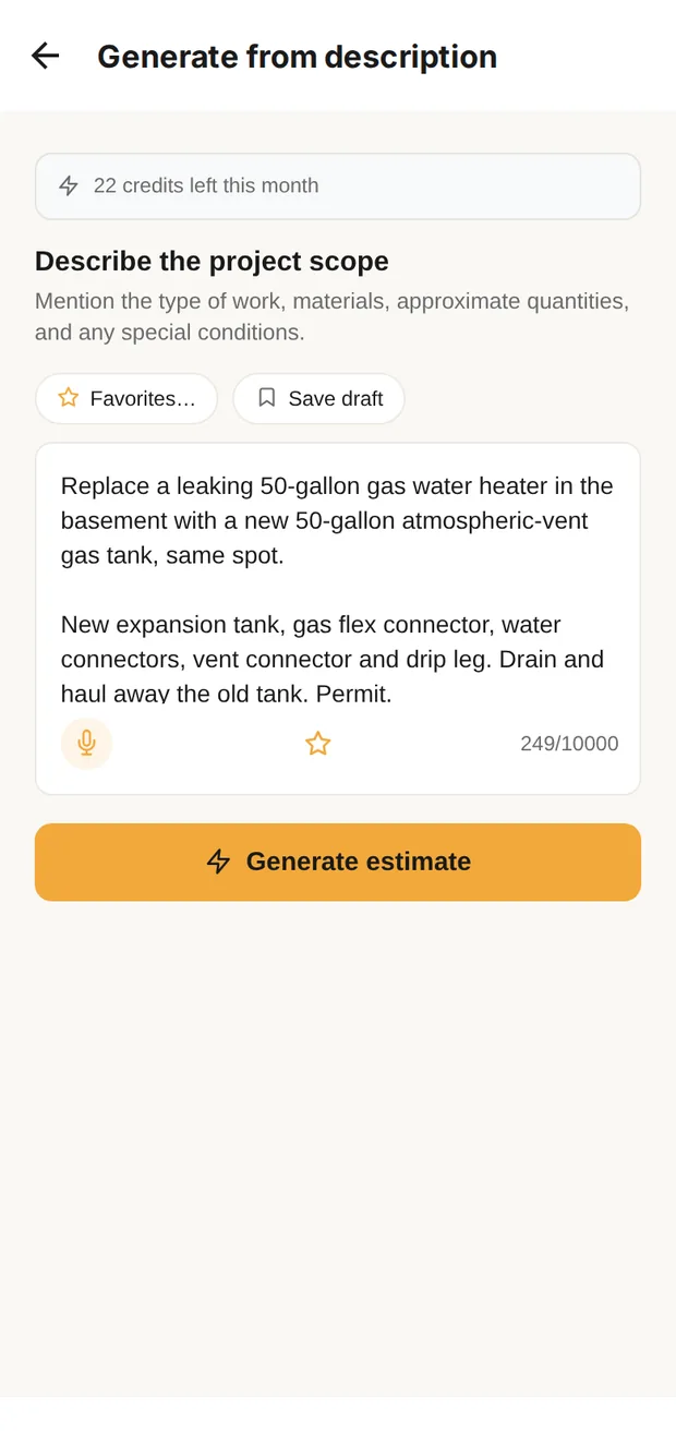 Clamp's Generate from description screen with the gas water heater swap described in plain words