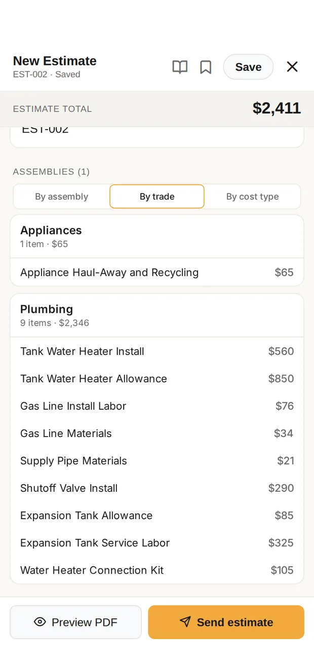 The estimate for the gas water heater swap in Clamp's builder: total $2,411.00, grouped into appliances and plumbing