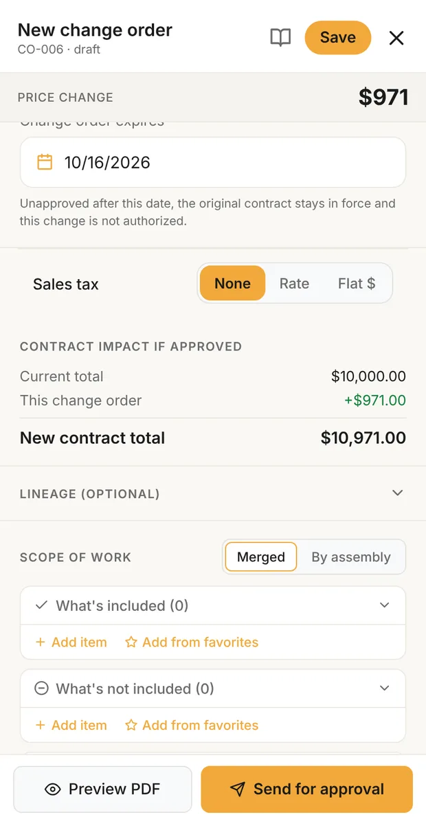 Change order showing the approval deadline, sales tax and the contract impact: current total, this change order and the new contract total