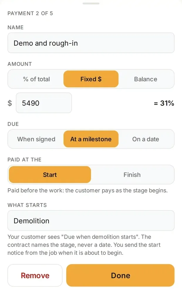 Payment editor setting a payment due when demolition starts