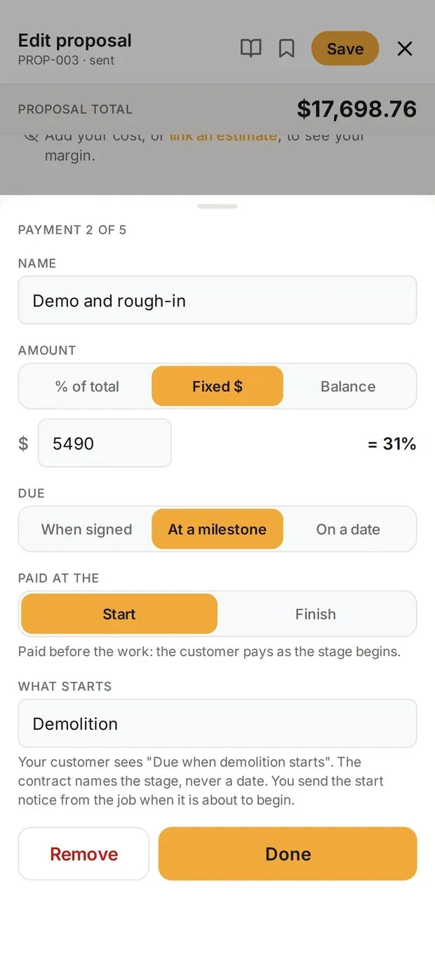 Clamp's payment edit sheet for payment 2 of 5, $5,490, due at a milestone, paid at the start, with Demolition as what starts and the note that the customer sees Due when demolition starts