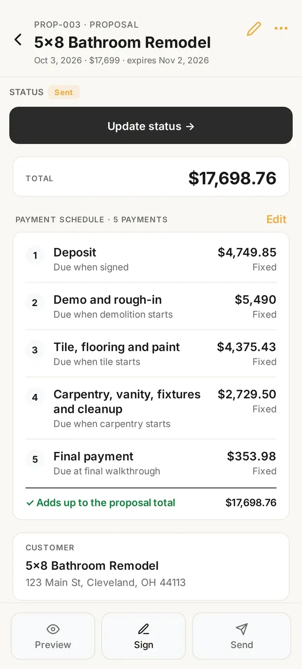 Clamp's proposal payment schedule for a 5x8 bathroom totaling $17,698.76: deposit $4,749.85 due when signed; demo and rough-in $5,490 due when demolition starts; tile, flooring and paint $4,375.43 due when tile starts; carpentry, vanity, fixtures and cleanup $2,729.50 due when carpentry starts; final payment $353.98