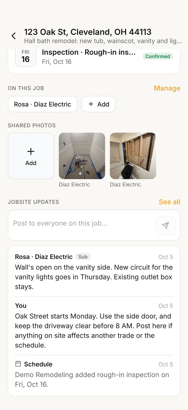 Shared photos from the electrician and the jobsite updates: the sub's field note, the first post to everyone on the job, and an automatic schedule line