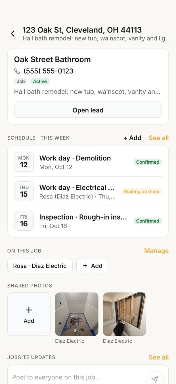 A job's Jobsites screen: this week's schedule with demolition and the rough-in inspection Confirmed and the electrical rough-in Waiting on the sub, the sub on the job, and two shared photos