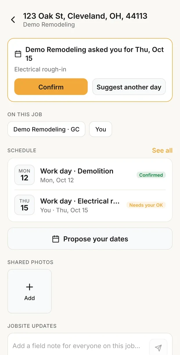 The sub's view of the same job: Demo Remodeling asked you for Thu, Oct 15, electrical rough-in, with Confirm and Suggest another day, and Propose your dates below