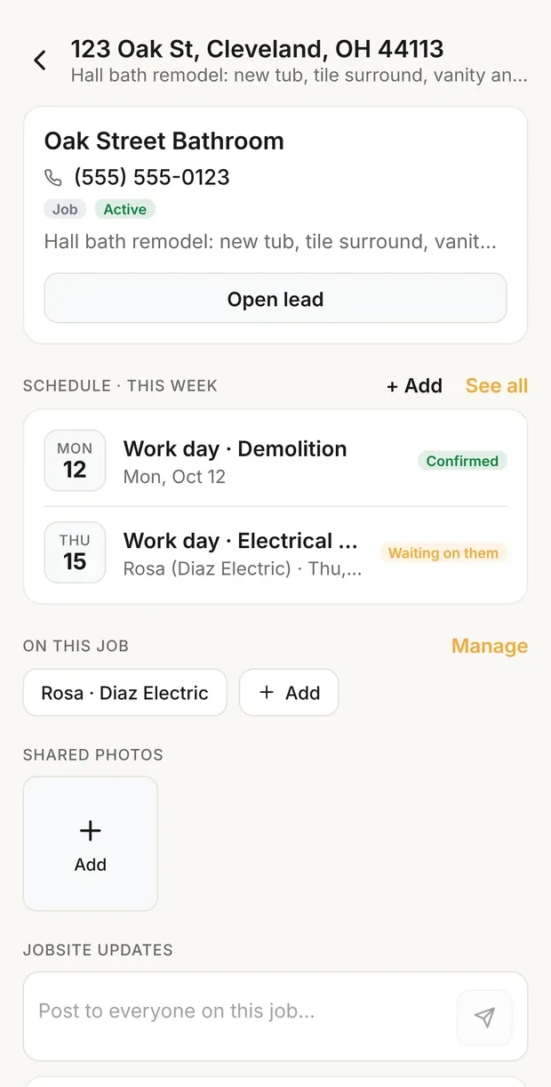 The Oak Street Bathroom job screen: demolition on Monday, Oct 12 Confirmed, electrical rough-in on Thursday, Oct 15 Waiting on them for Rosa of Diaz Electric, the people on the job, shared photos, and the first jobsite post
