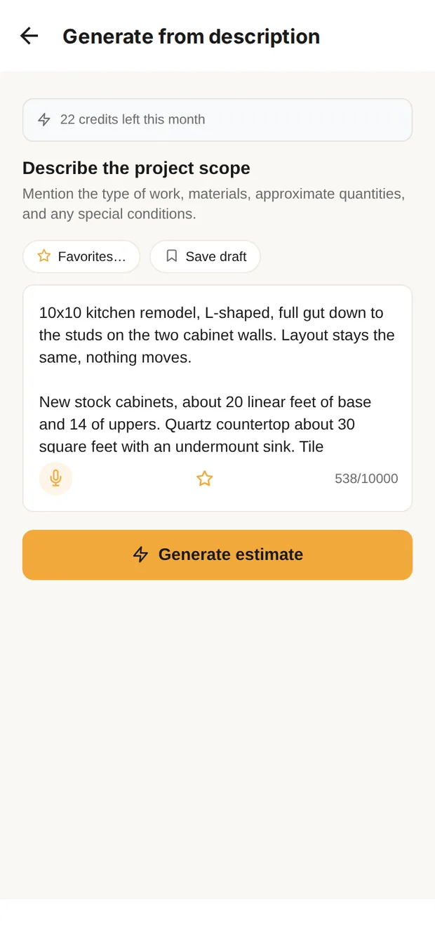 Clamp's Generate from description screen with the 10x10 kitchen remodel described in plain words