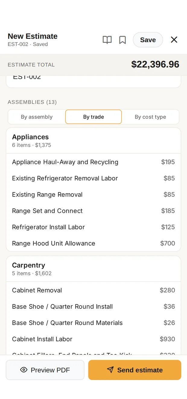 The estimate for the 10x10 kitchen remodel in Clamp's builder: total $22,396.96, grouped into appliances, carpentry, electrical and the other trades
