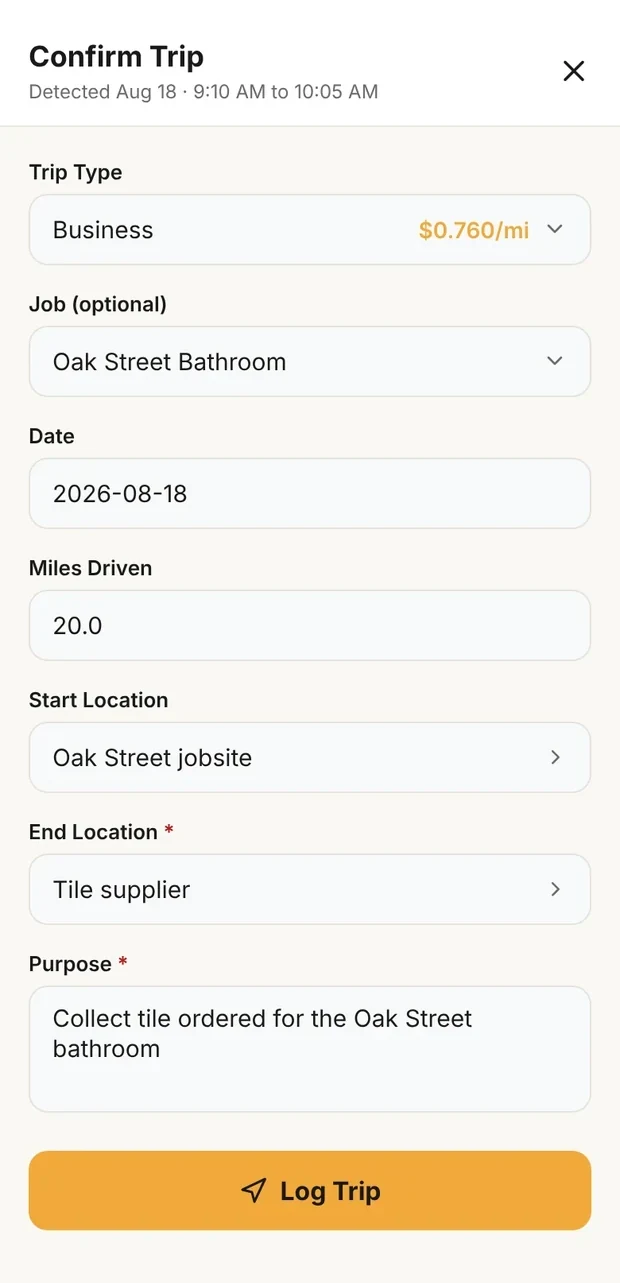Clamp's Confirm Trip form, detected Aug 18 from 9:10 AM to 10:05 AM: Business at $0.760 a mile, the Oak Street Bathroom job, 20.0 miles, Oak Street jobsite to Tile supplier, purpose Collect tile ordered for the Oak Street bathroom