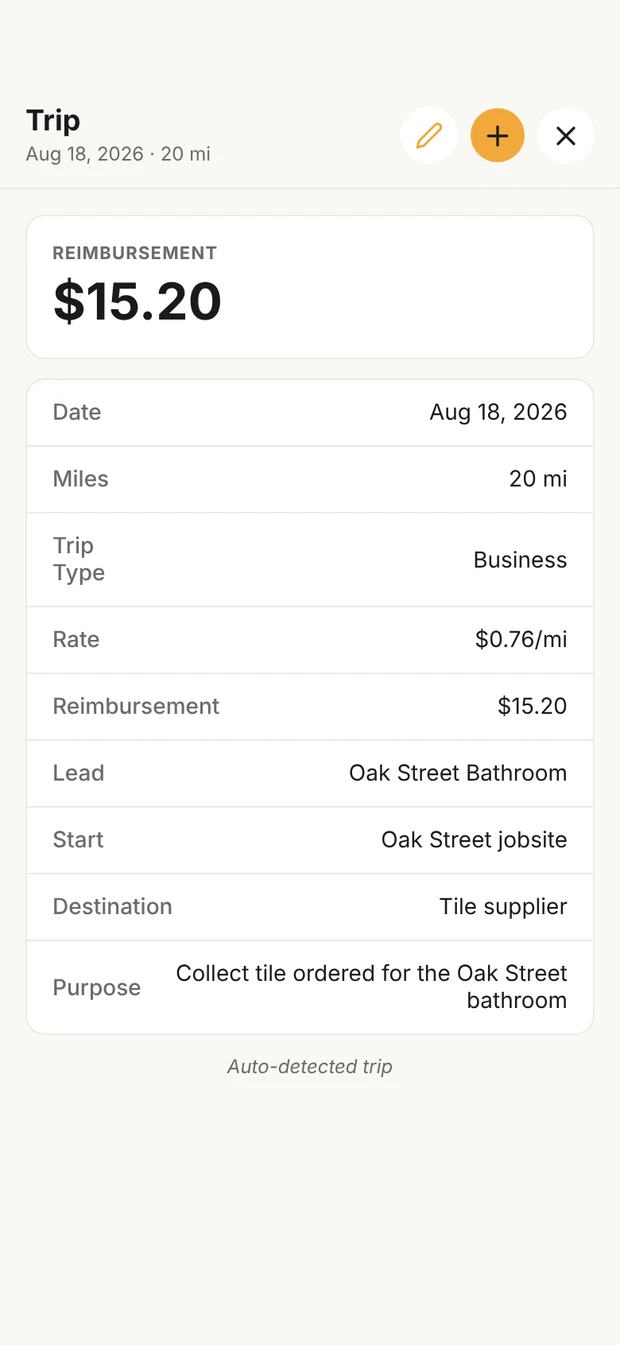 Clamp's trip detail for Aug 18, 2026: 20 miles, Business, rate $0.76 a mile, reimbursement $15.20, lead Oak Street Bathroom, from Oak Street jobsite to Tile supplier, purpose Collect tile ordered for the Oak Street bathroom